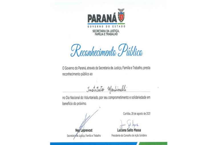 Reconhecimento Recebido pela Secretaria da Justiça, Família e Trabalho do Paraná)